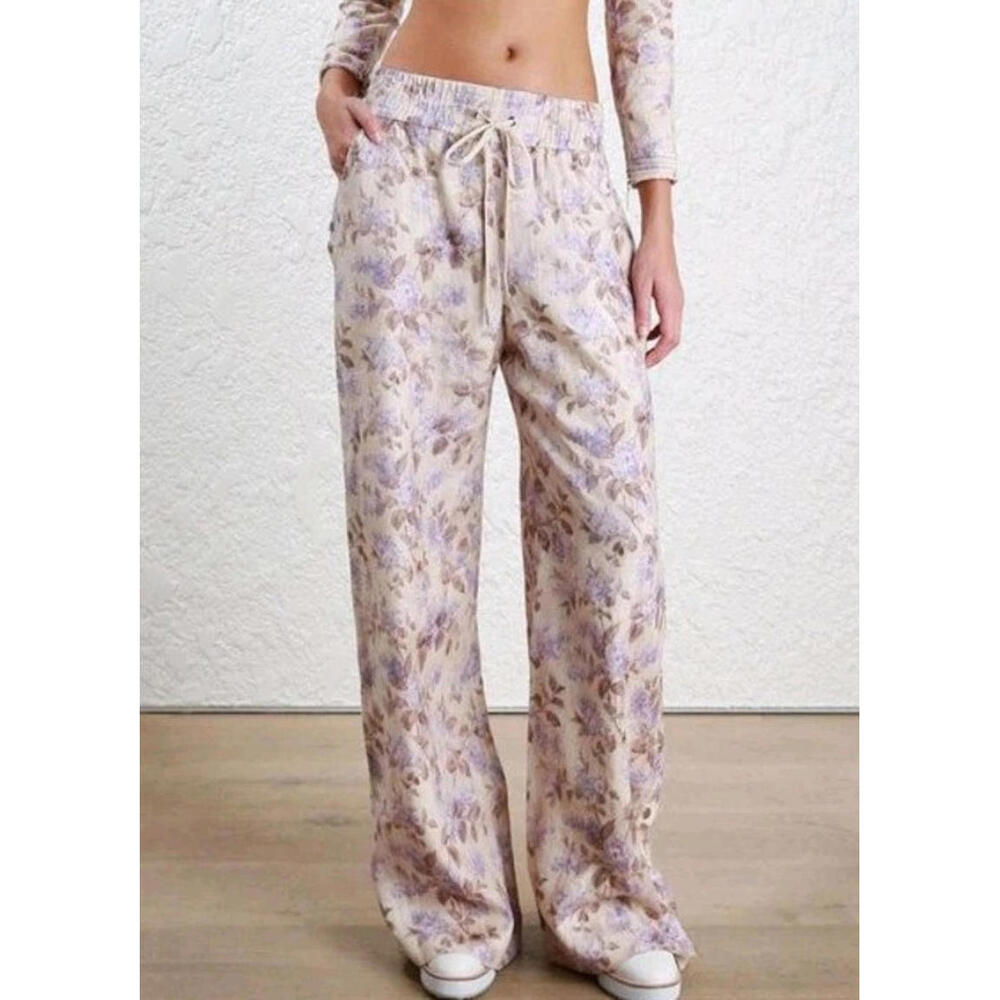 Zimmermann Women's Casual Pants LINEN Wide Leg Floral Snap Closure  #Z